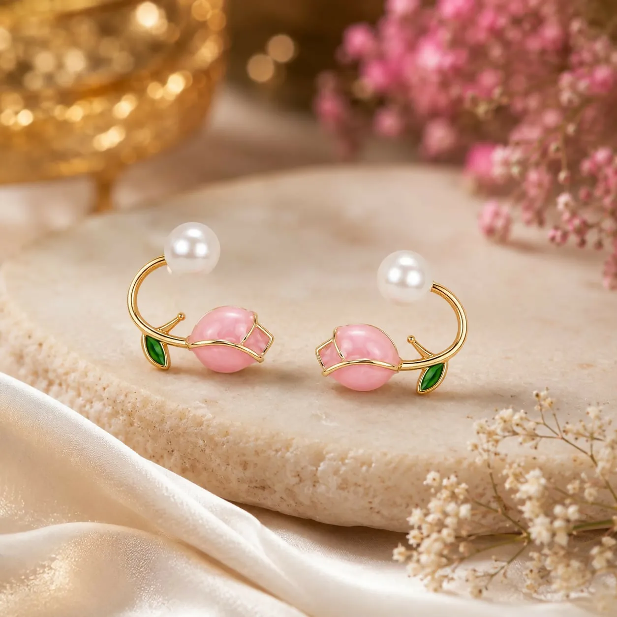 Premium Pink Rose Pearl Stud Earrings for Women | Floral Gold-Tone Enamel Earrings | Elegant Flower Design Fashion Jewelry - Buy Online at Alikart