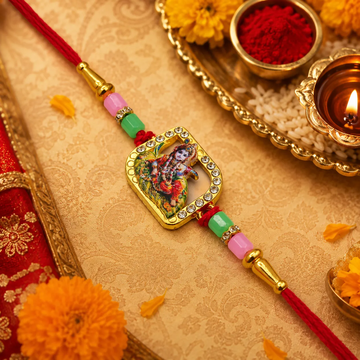 Premium Premium Rhinestone Rectangular 'Resting Little Kanha' Sacred Red Thread Rakhi - Buy Online at Alikart