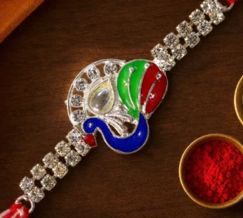 Silver-Toned Peacock Rakhi with Multicolor Enamel, Kundan-Style Stone & Double Crystal Chain