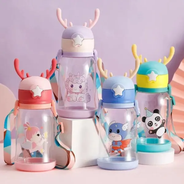 Premium 600ml Cartoon Design Sippy Water Bottle with Shoulder Strap for Kids – Leakproof Portable Water Bottle for School, Travel & Outdoor Use (Boys & Girls) (Random color-Pack of 1) - Buy Online at Alikart
