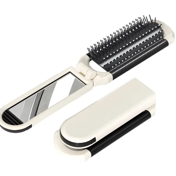 2 in 1 Folding Travel Hair Brush with Detachable Mirror – Compact Portable Comb with Scalp Massage for Women & Men, Mini Hairbrush for Purse