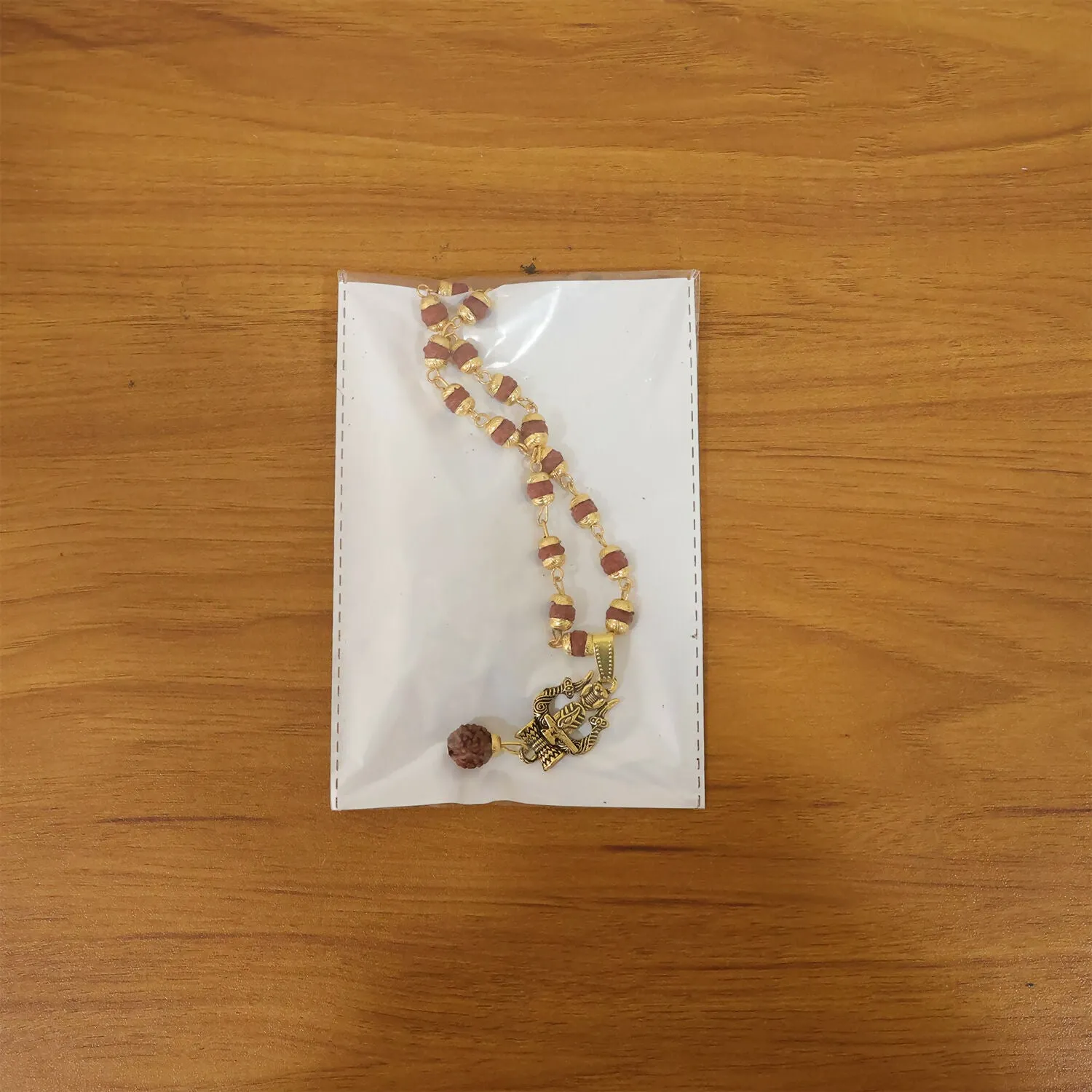 Gold Pendant Rudraksha Mala – Spiritual Trishul Shivling Necklace - Detailed Feature View 5
