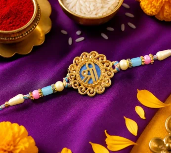 Bold Rakhi featuring Shri Plaque, ornate frame and plaque look for Festive Display