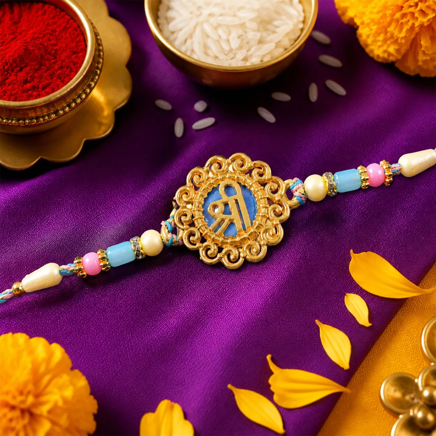 Premium Bold Rakhi featuring Shri Plaque, ornate frame and plaque look for Festive Display - Buy Online at Alikart