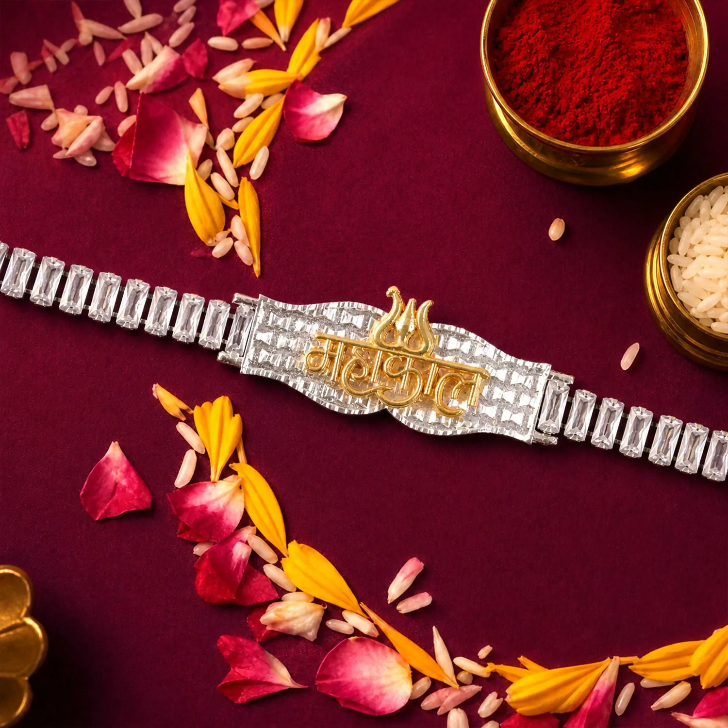 Premium Mahakal Trishul Silver Plated Iced Baguette CZ Bracelet Rakhi for Men Stylish Gift - Buy Online at Alikart