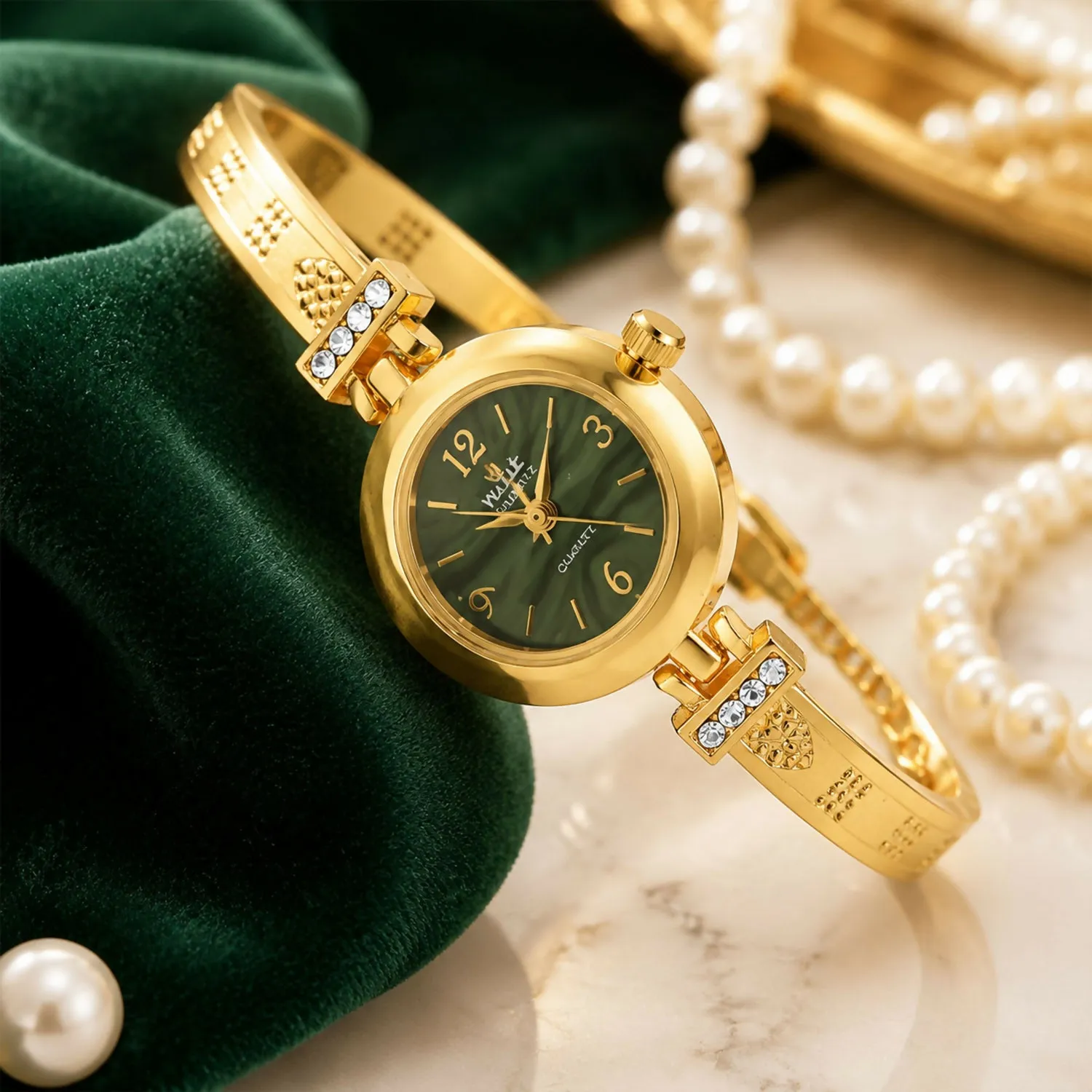 Premium Gold Plated Bracelet Watch With Green Dial Crystal Accent Design For Women - Buy Online at Alikart