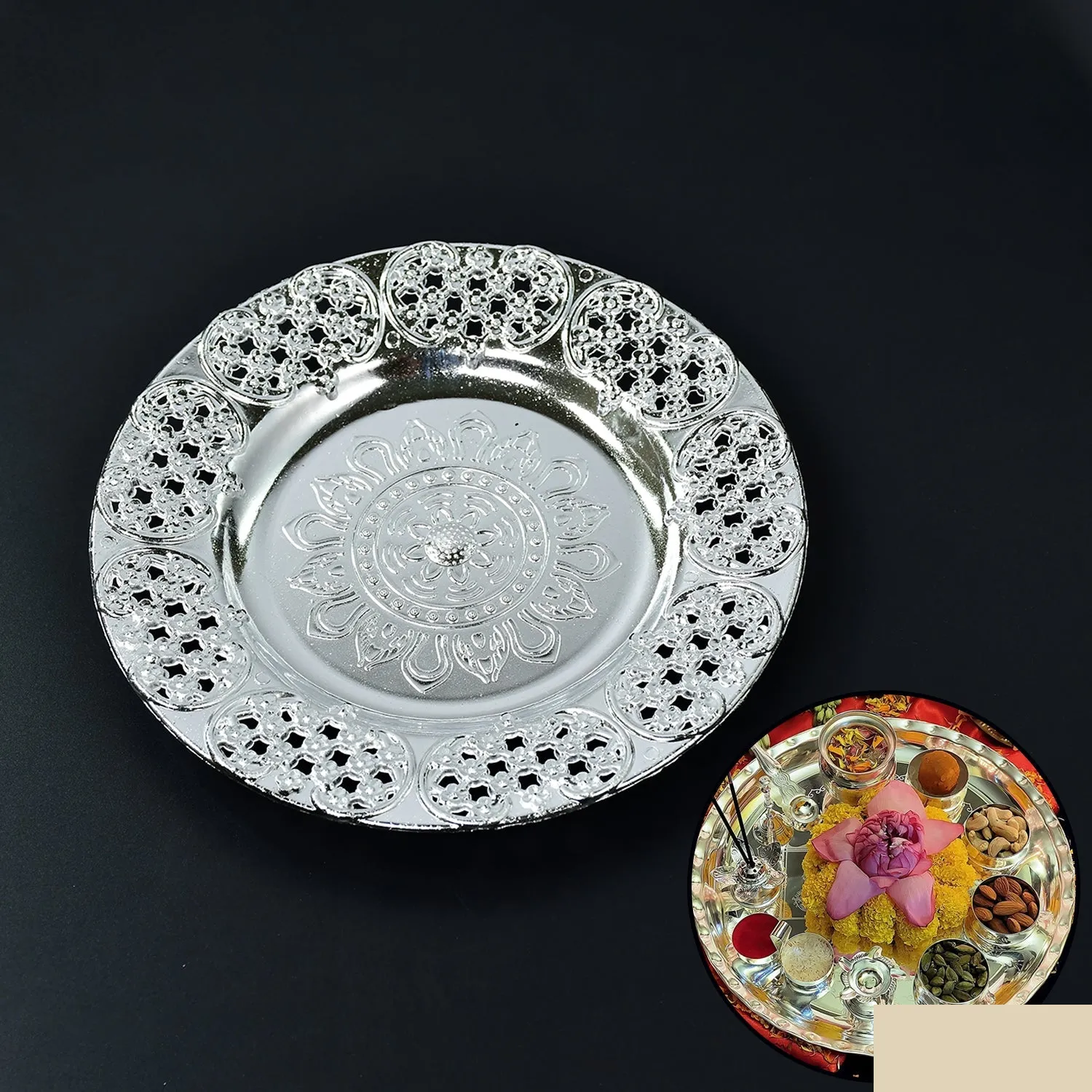 Premium Pooja Thali Set – 8-Inch Plastic Silver Color for Festivals | Styleva - Buy Online at Alikart