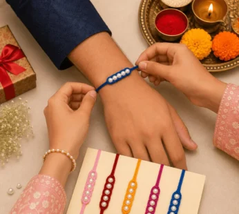 Handmade Crochet Rakhi with Pearl Beads | Soft Woolen Raksha Bandhan Thread with 5 Pearls (Random Color Pack of 1)