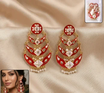 Royal Red Meenakari Pearl Chandbali Earrings – Elegant Festive Accessory