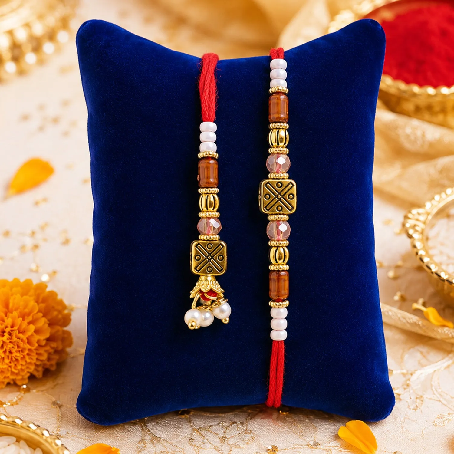 Geometric Square Bhai Bhabhi Rakhi with Square Lattice Charm and Beads for Gifting - Detailed Feature View 2