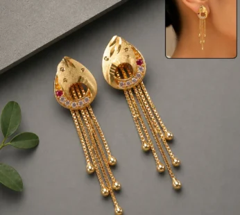 Gold Plated Textured Teardrop Dangle Earrings with Multi Chain Tassel Drop Design