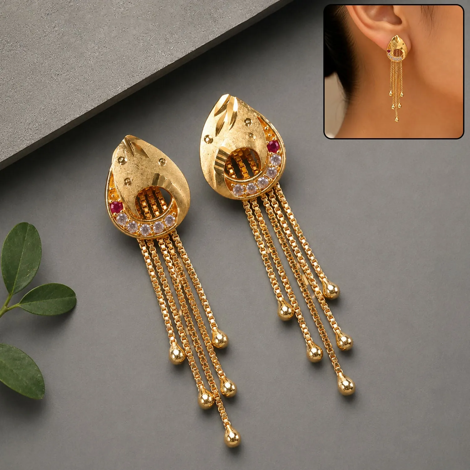 Premium Gold Plated Textured Teardrop Dangle Earrings with Multi Chain Tassel Drop Design - Buy Online at Alikart