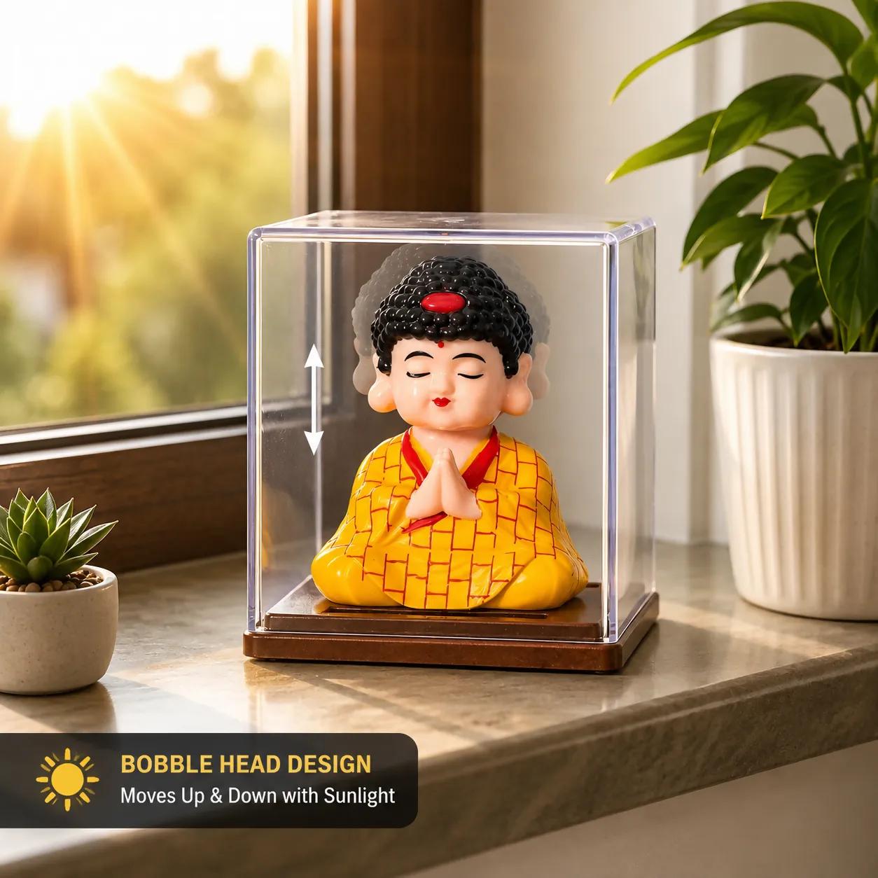 Solar Bobble Head Buddha Idol in Display Case for Car Dashboard & Home Decor (Color may vary 1 PC) - Detailed Feature View 1