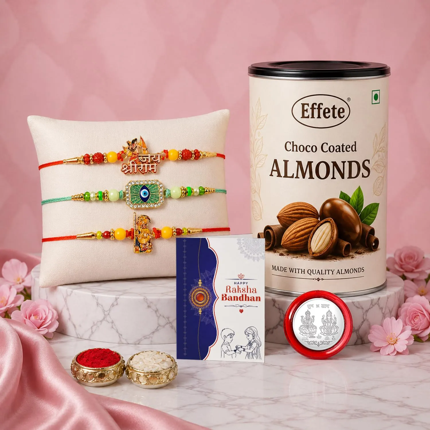 Premium Raksha Bandhan Gift Combo – Shri Ram Ganesha Rakhi with Choco Almonds - Buy Online at Alikart