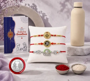 Raksha Bandhan Gift Combo – Om Kanha Rakhi & SS Water Bottle 500ml