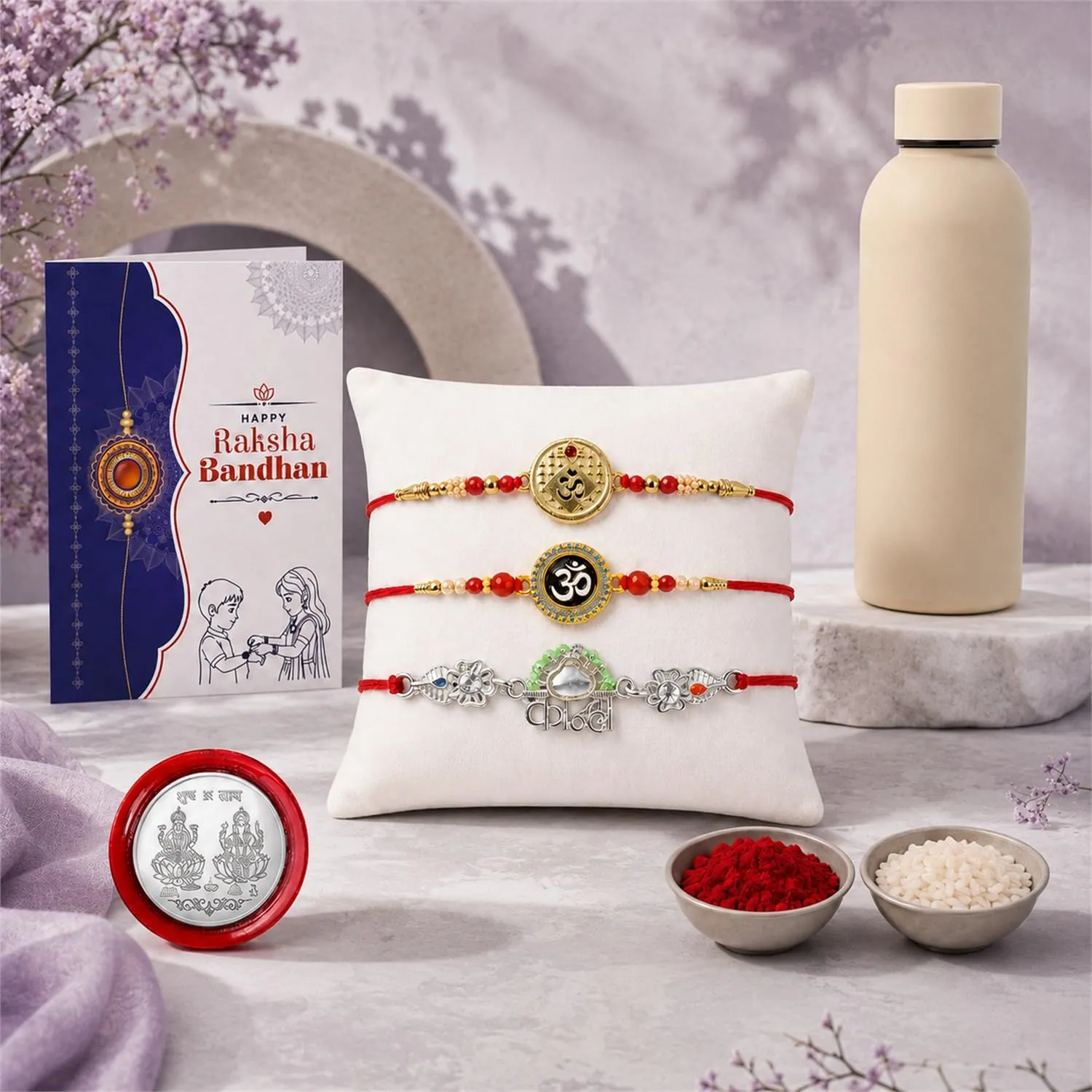 Premium Raksha Bandhan Gift Combo – Om Kanha Rakhi & SS Water Bottle 500ml - Buy Online at Alikart