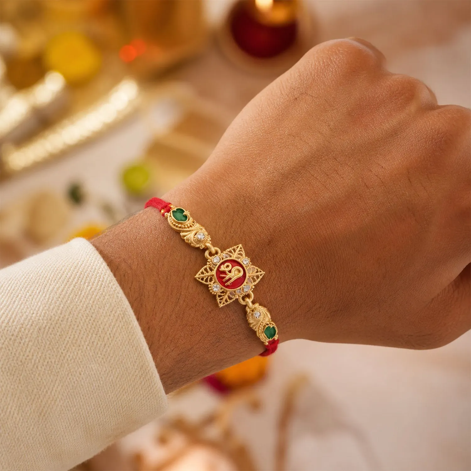 Classic Rakhi with Shri Plaque, ornate work and thread style for Product Display - Detailed Feature View 2