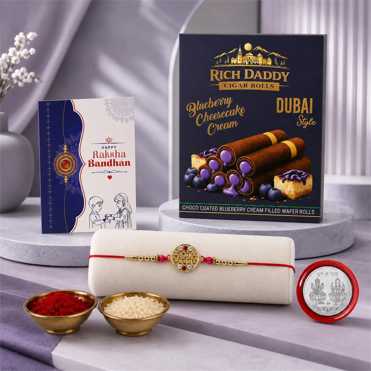 Premium Rakhi Gift Combo for Brother – Charm Design with Wafer Rolls - Buy Online at Alikart