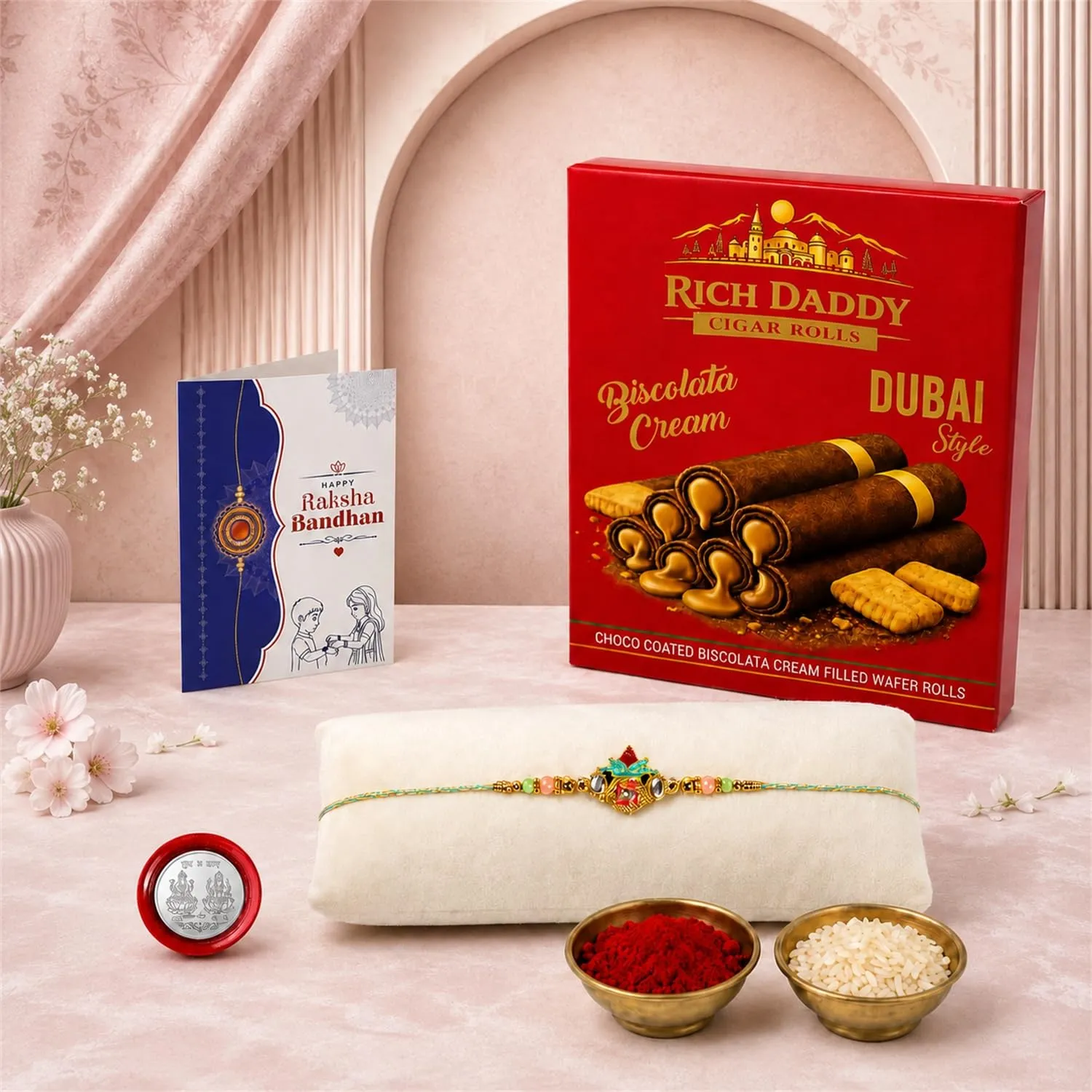Premium Rakhi Gift Combo – Multicolor Pot Motif Rakhi & Wafer Rolls (Pack of 5) - Buy Online at Alikart