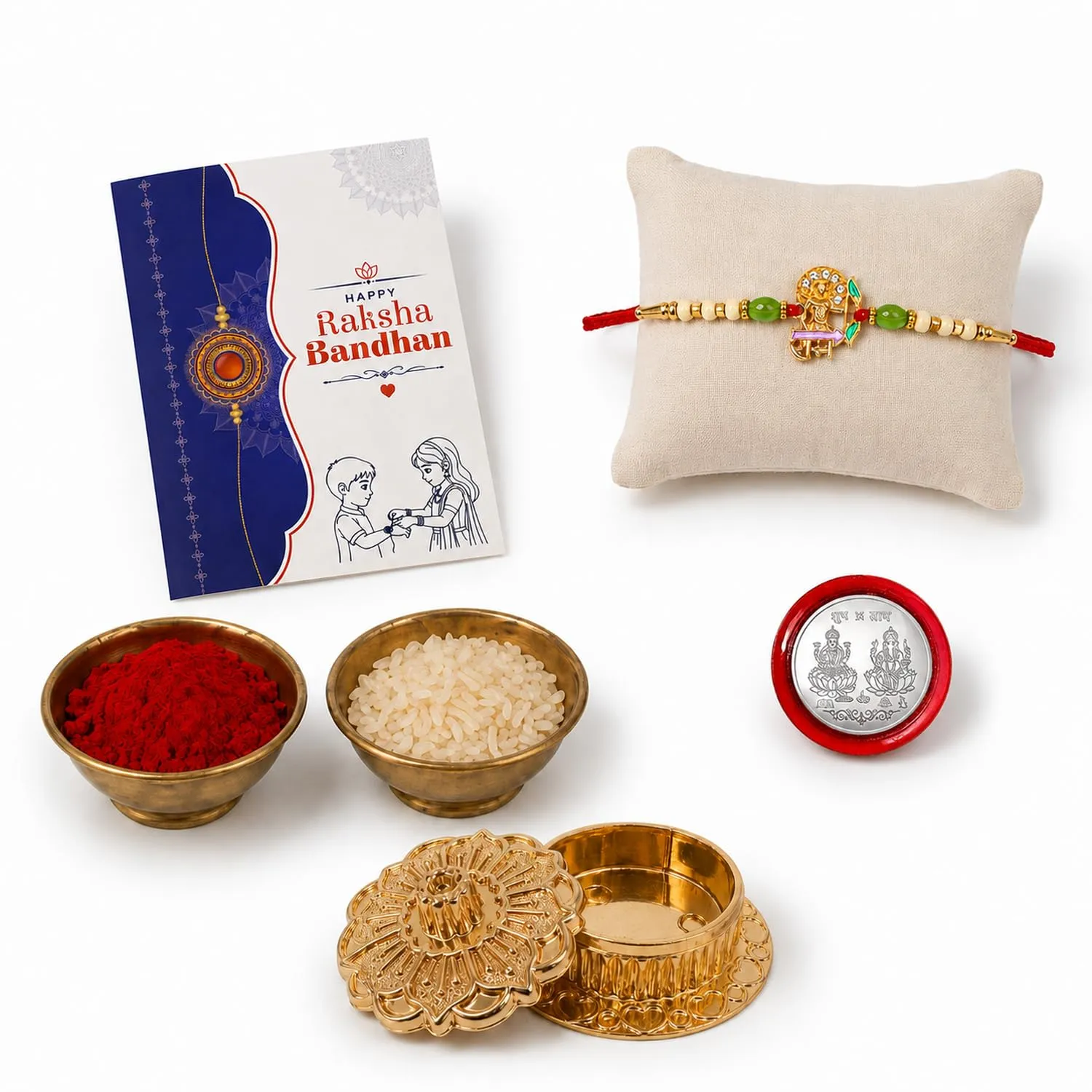 Premium Raksha Bandhan Gift Combo with Ram Rakhi and Golden Pooja Kankavati - Buy Online at Alikart