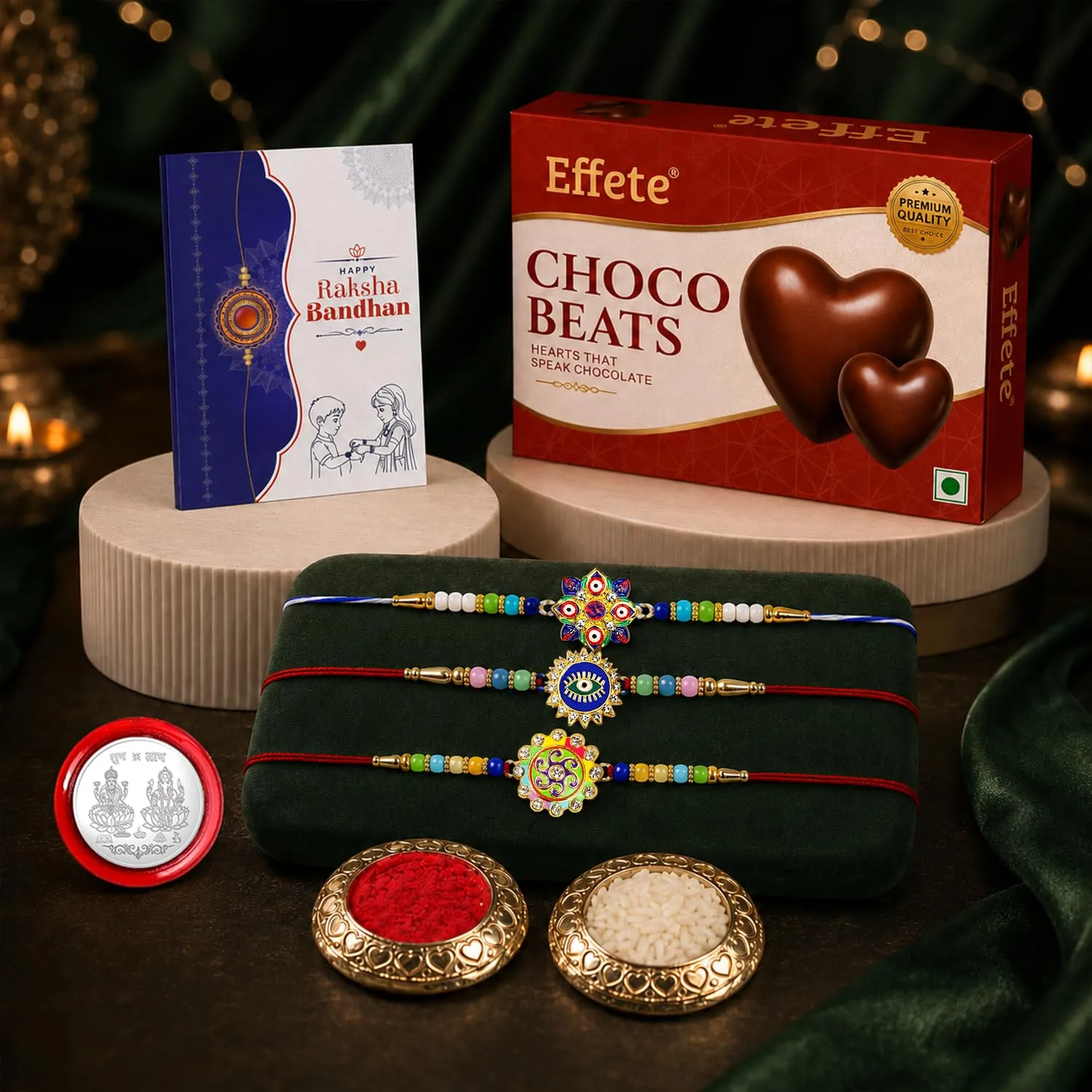 Premium Raksha Bandhan Rakhi Combo with Evil Eye OM Design & Choco Beats - Buy Online at Alikart