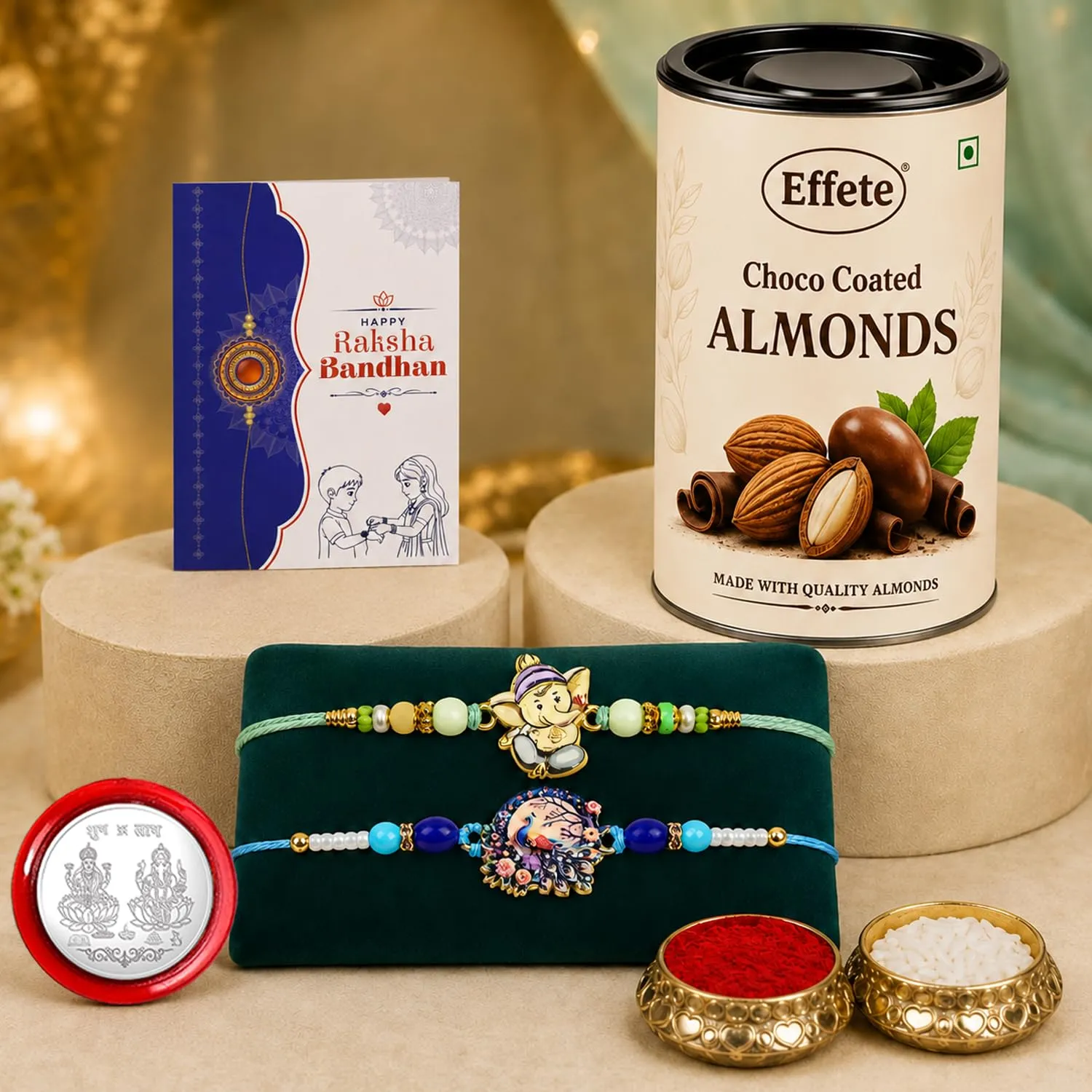 Premium Raksha Bandhan Gift Combo – Ganesha Peacock Rakhi & Choco Almonds - Buy Online at Alikart