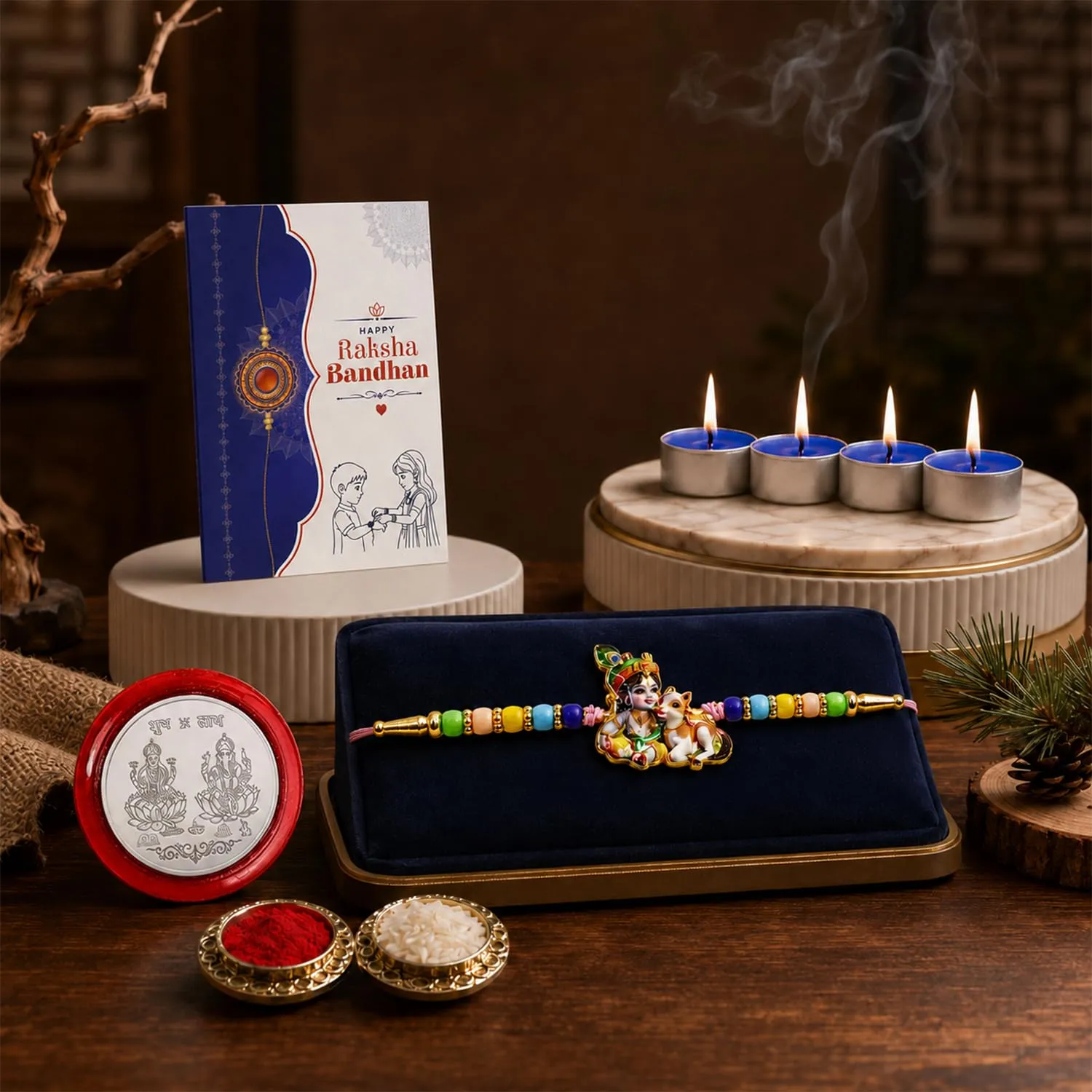 Premium Krishna Rakhi Combo Raksha Bandhan Gift Set for Bhaiya with Candles - Buy Online at Alikart