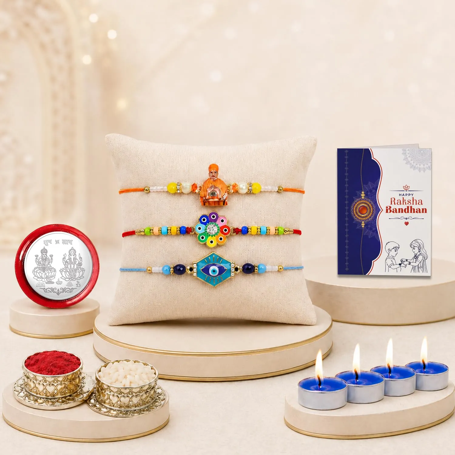 Premium Rakhi Gift Combo with Swami Maharaj Rakhi & Tealight Candles - Buy Online at Alikart