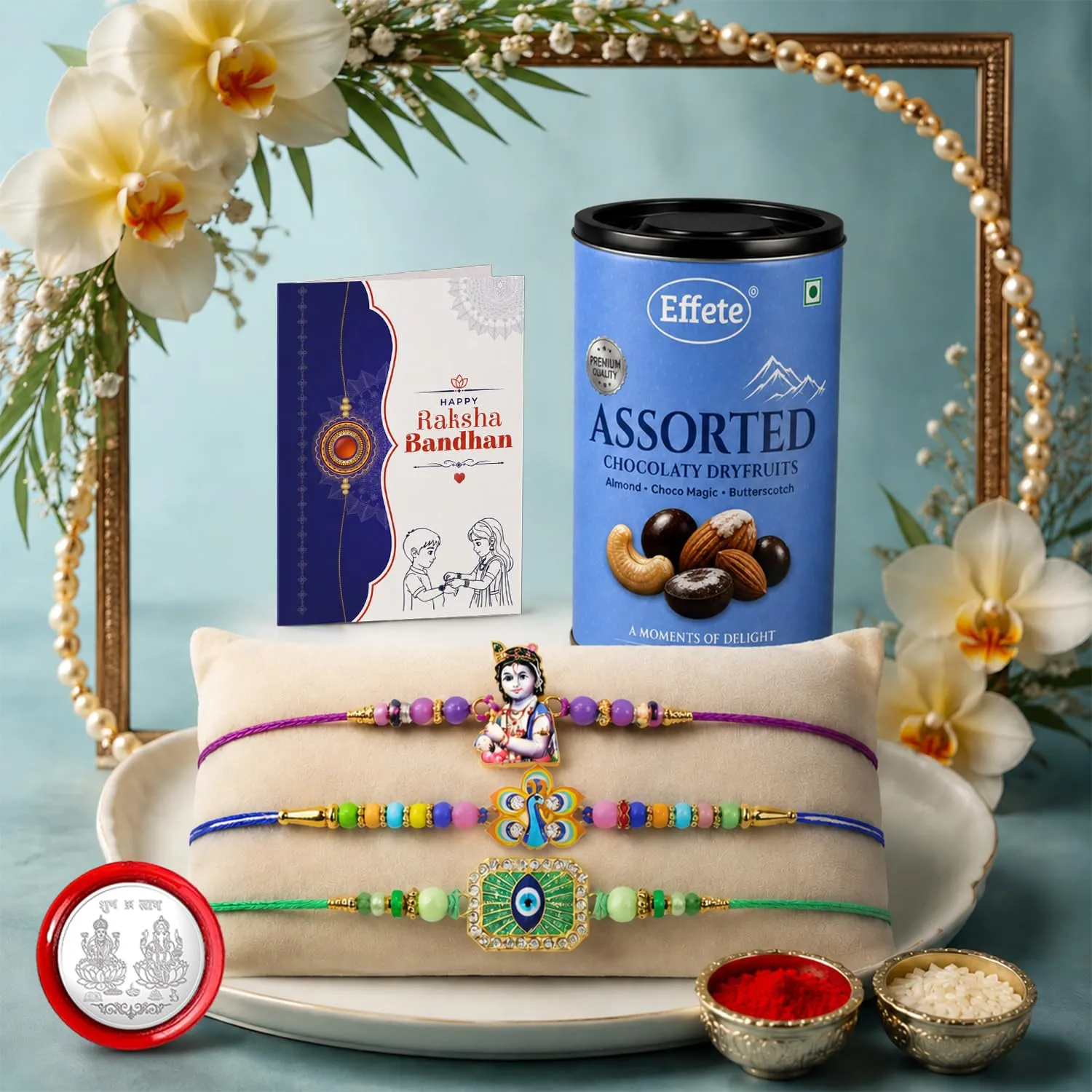 Premium Raksha Bandhan Gift Combo – Peacock Krishna Rakhi & Chocolates - Buy Online at Alikart