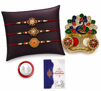 Round Rakhi for Brother with Pooja Thali – Raksha Bandhan Gift Set, Pack of 7