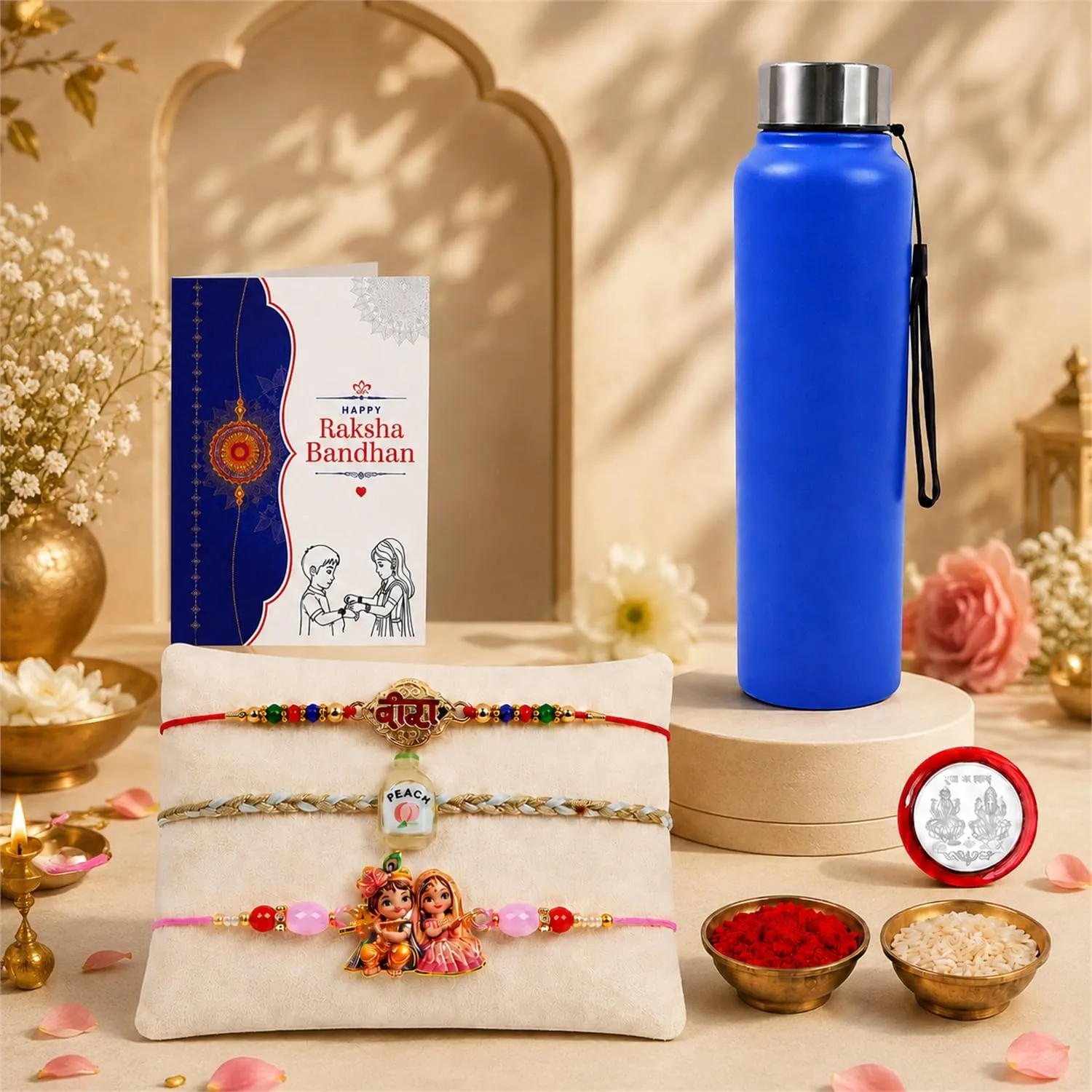 Premium Rakhi Gift Combo – Krishna Radha Rakhi & SS Water Bottle 1000ml Pack of 7 - Buy Online at Alikart