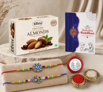 Raksha Bandhan Gift Combo with Evil Eye Peacock Rakhi & Choco Almonds