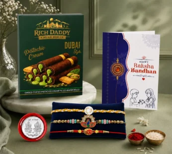 Rakhi Gift Combo – Peacock Om Rakhi & Pistachio Wafer Rolls