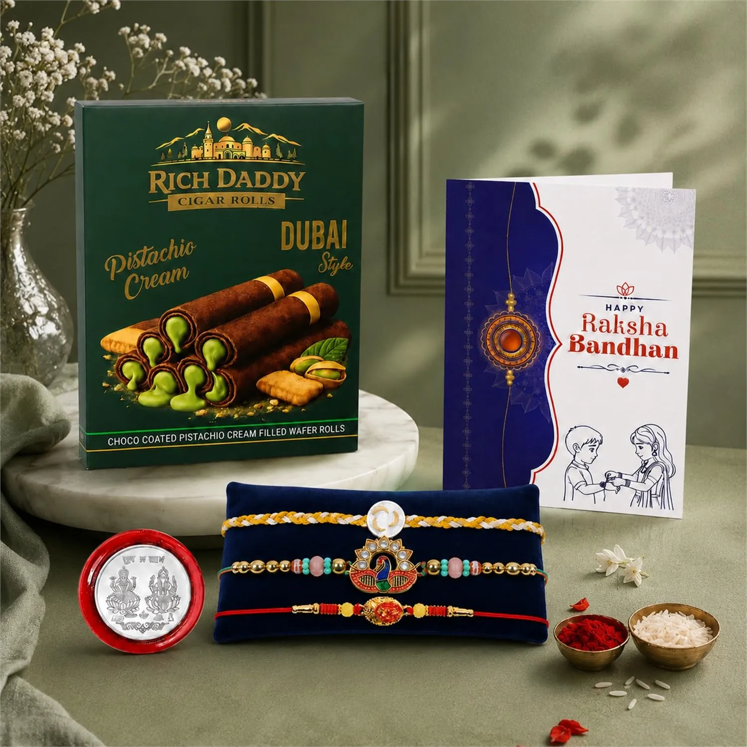 Premium Rakhi Gift Combo – Peacock Om Rakhi & Pistachio Wafer Rolls - Buy Online at Alikart