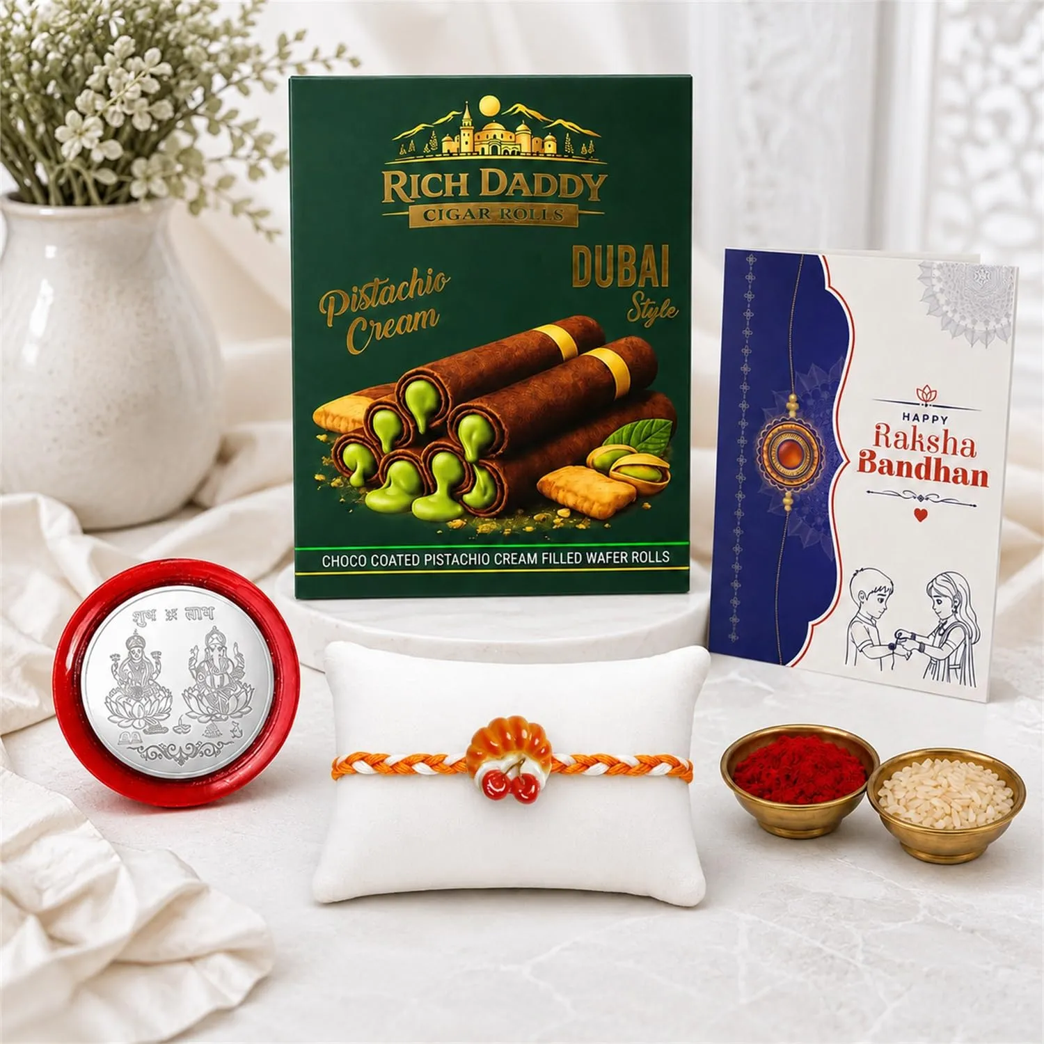 Premium Rakhi Gift Combo – Multicolor Rakhi with Wafer Rolls & Puja Kit - Buy Online at Alikart