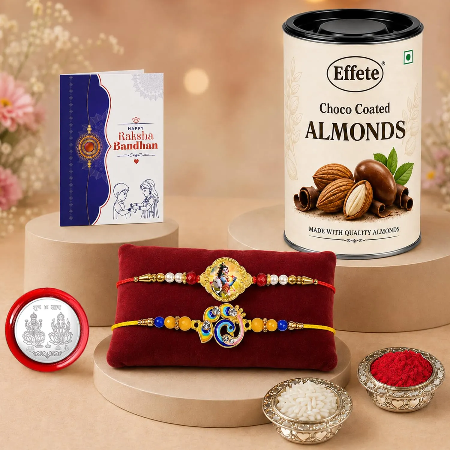 Premium Raksha Bandhan Gift Combo – Krishna Bird Rakhi & Choco Almonds Pack of 6 - Buy Online at Alikart