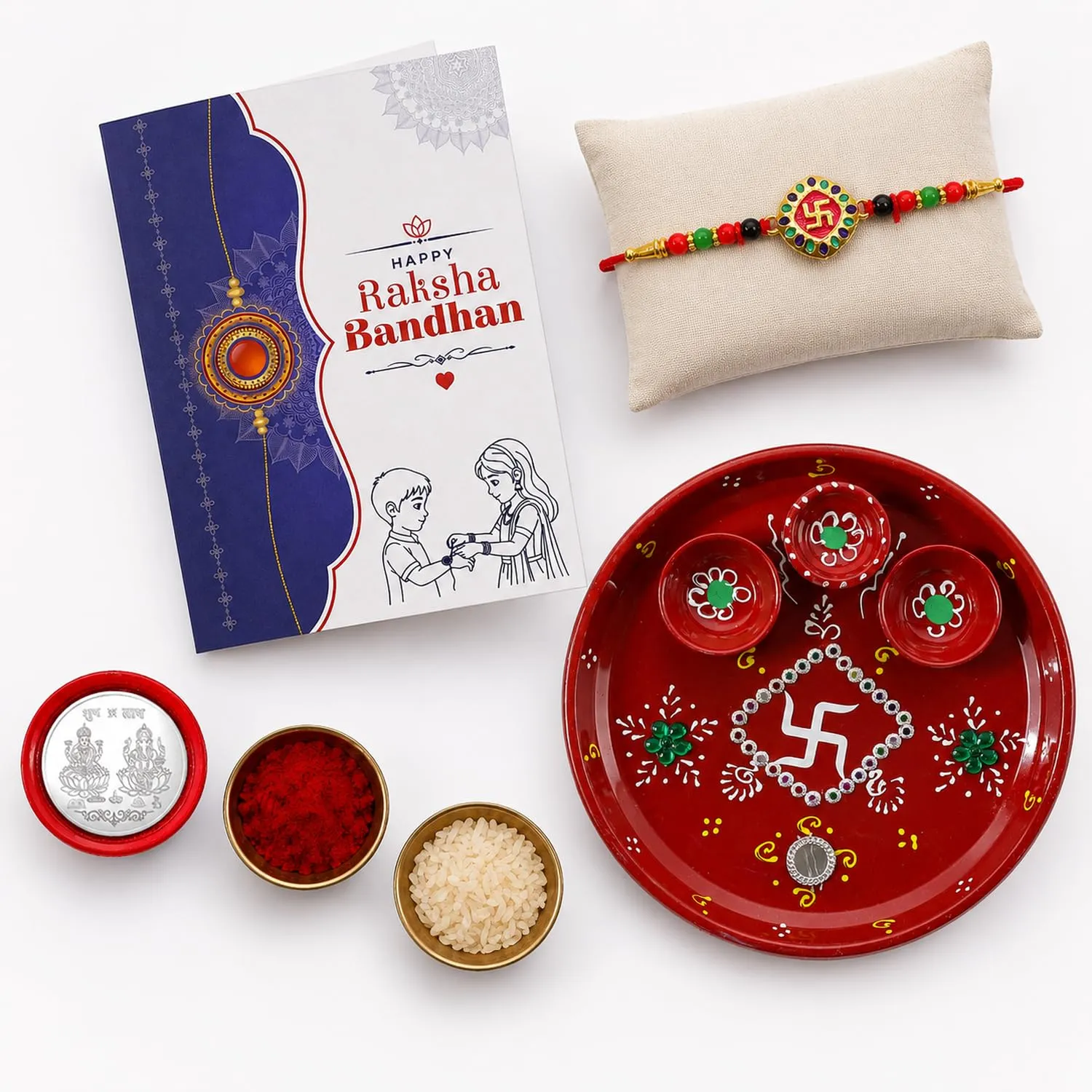 Premium Raksha Bandhan Gift Combo Swastika Rakhi Decorated Pooja Thali - Buy Online at Alikart
