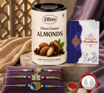 Raksha Bandhan Gift Combo – Flower Peacock Rakhi & Choco Almonds