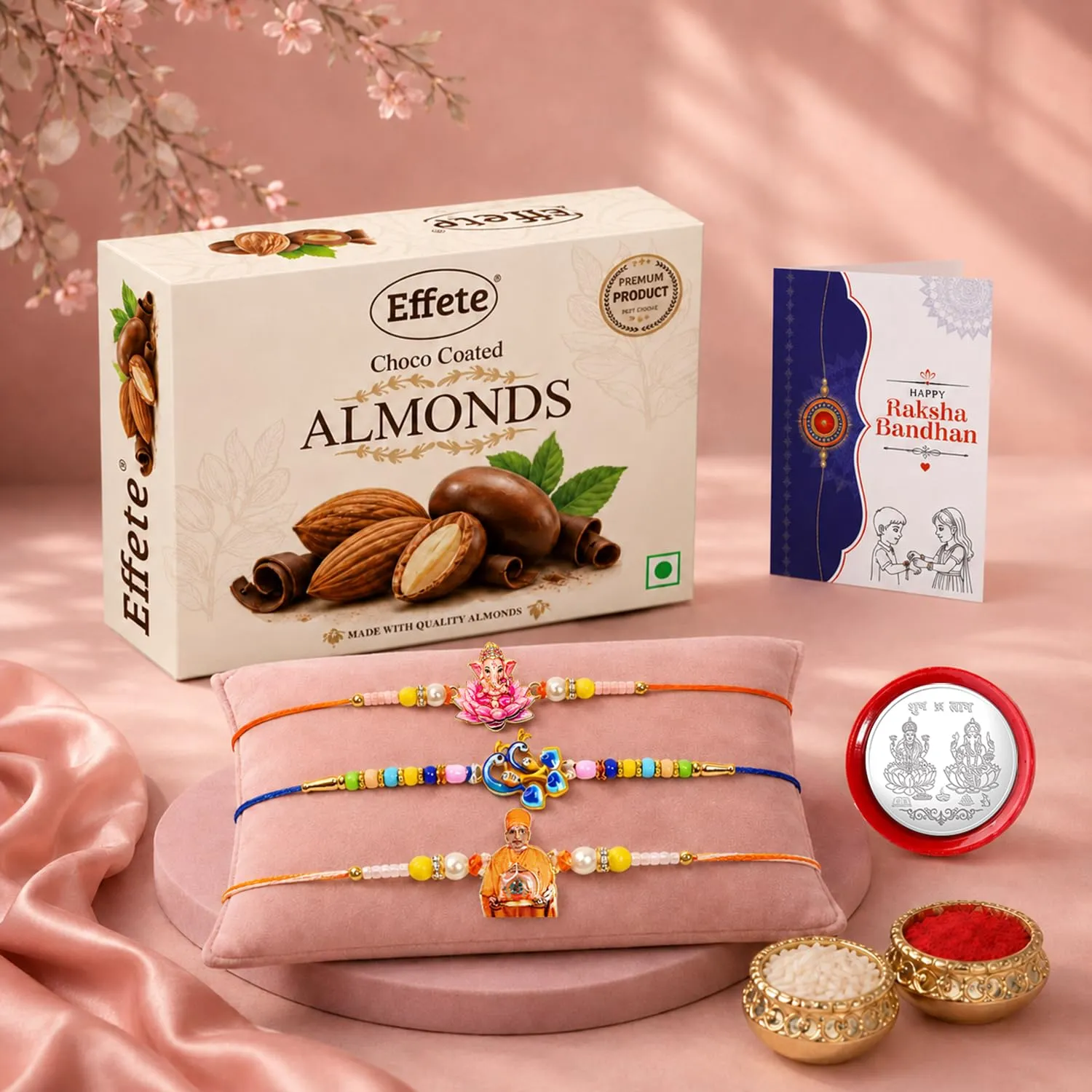 Premium Raksha Bandhan Gift Combo with Swami Maharaj Rakhi & Choco Almonds - Buy Online at Alikart