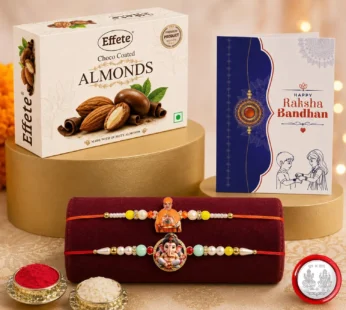 Raksha Bandhan Gift Combo – Swami Maharaj Rakhi & Choco Almonds
