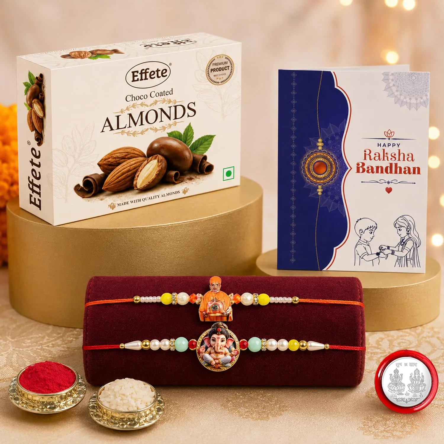 Premium Raksha Bandhan Gift Combo – Swami Maharaj Rakhi & Choco Almonds - Buy Online at Alikart