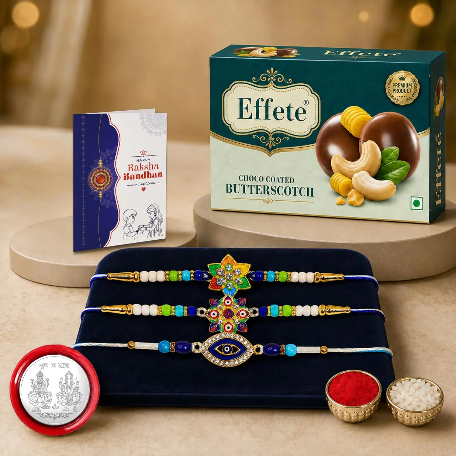 Premium Rakhi Gift Combo – Flower Evil Eye with Choco Butterscotch Pack of 7 - Buy Online at Alikart