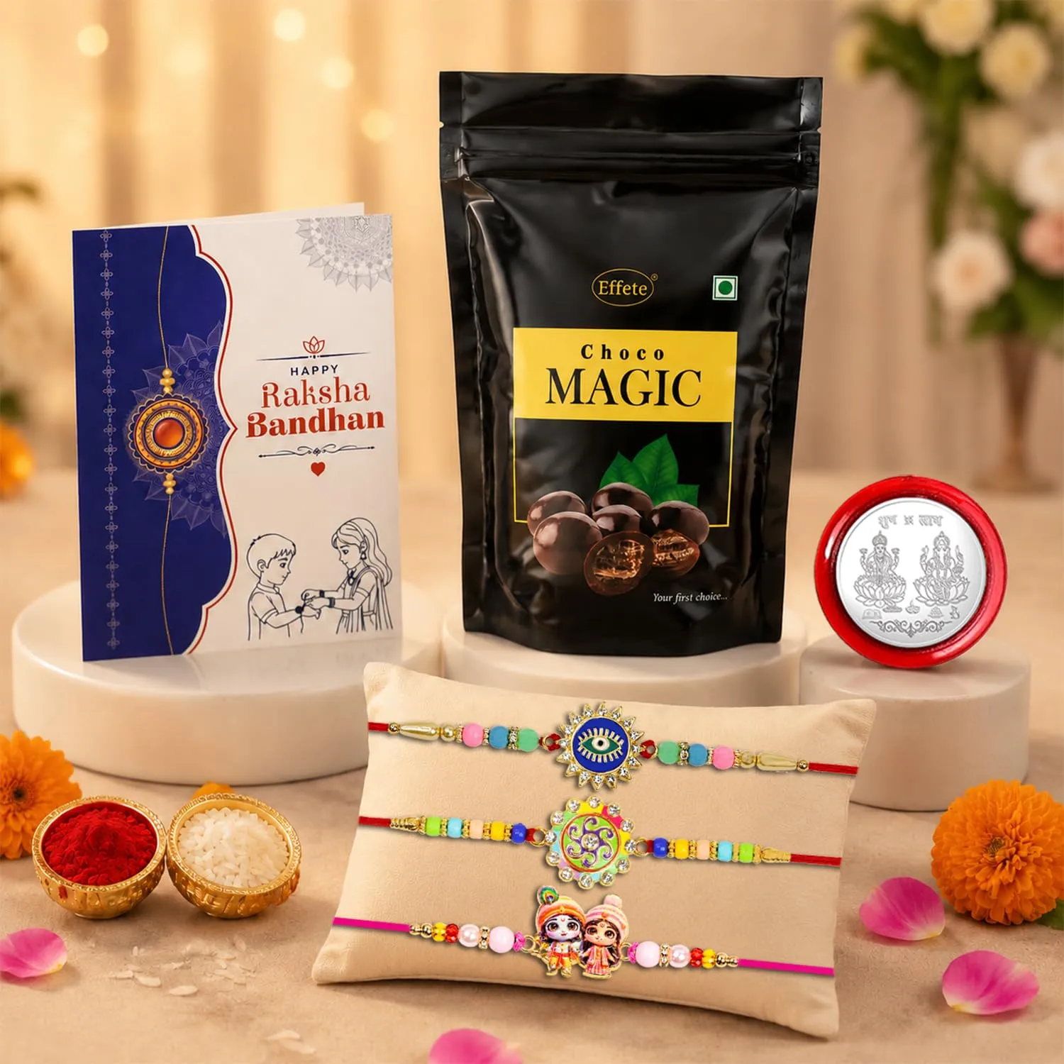 Premium Raksha Bandhan Gift Combo Evil Eye Round Rakhi Choco Pouch Pack of 7 - Buy Online at Alikart