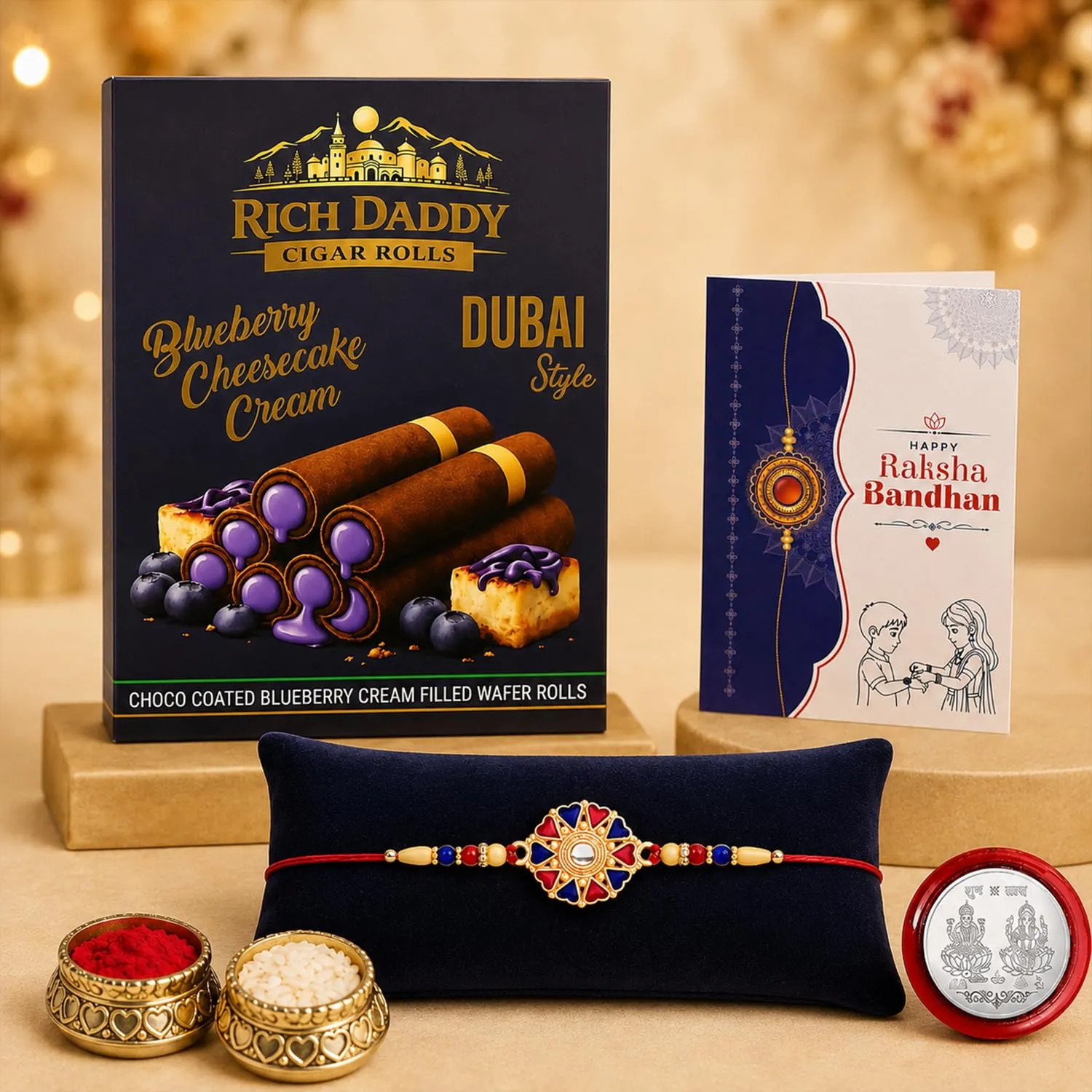 Premium Raksha Bandhan Gift Combo with Rakhi Wafer Rolls and Pooja Set - Buy Online at Alikart