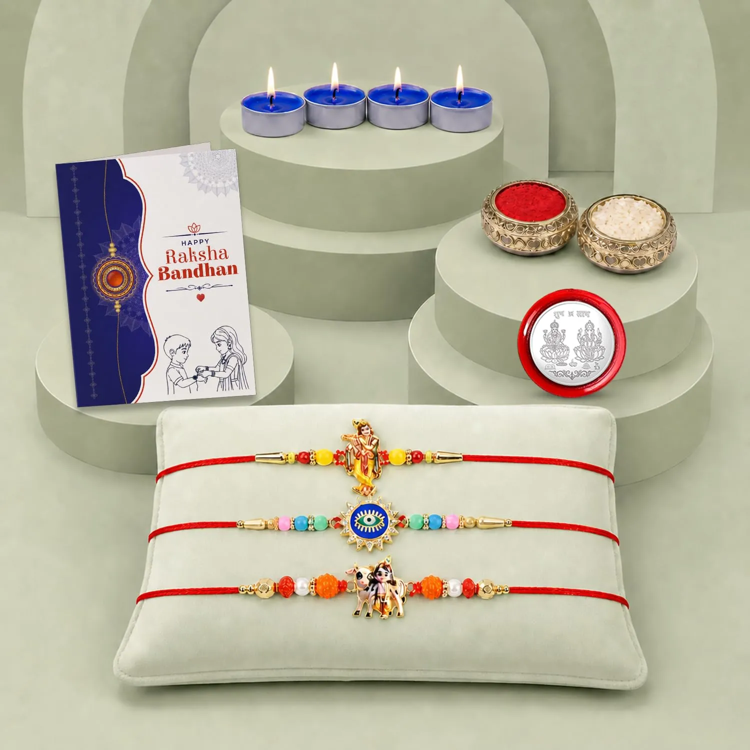 Premium Raksha Bandhan Rakhi Combo – Krishna Evil Eye Gift Set with Candles - Buy Online at Alikart