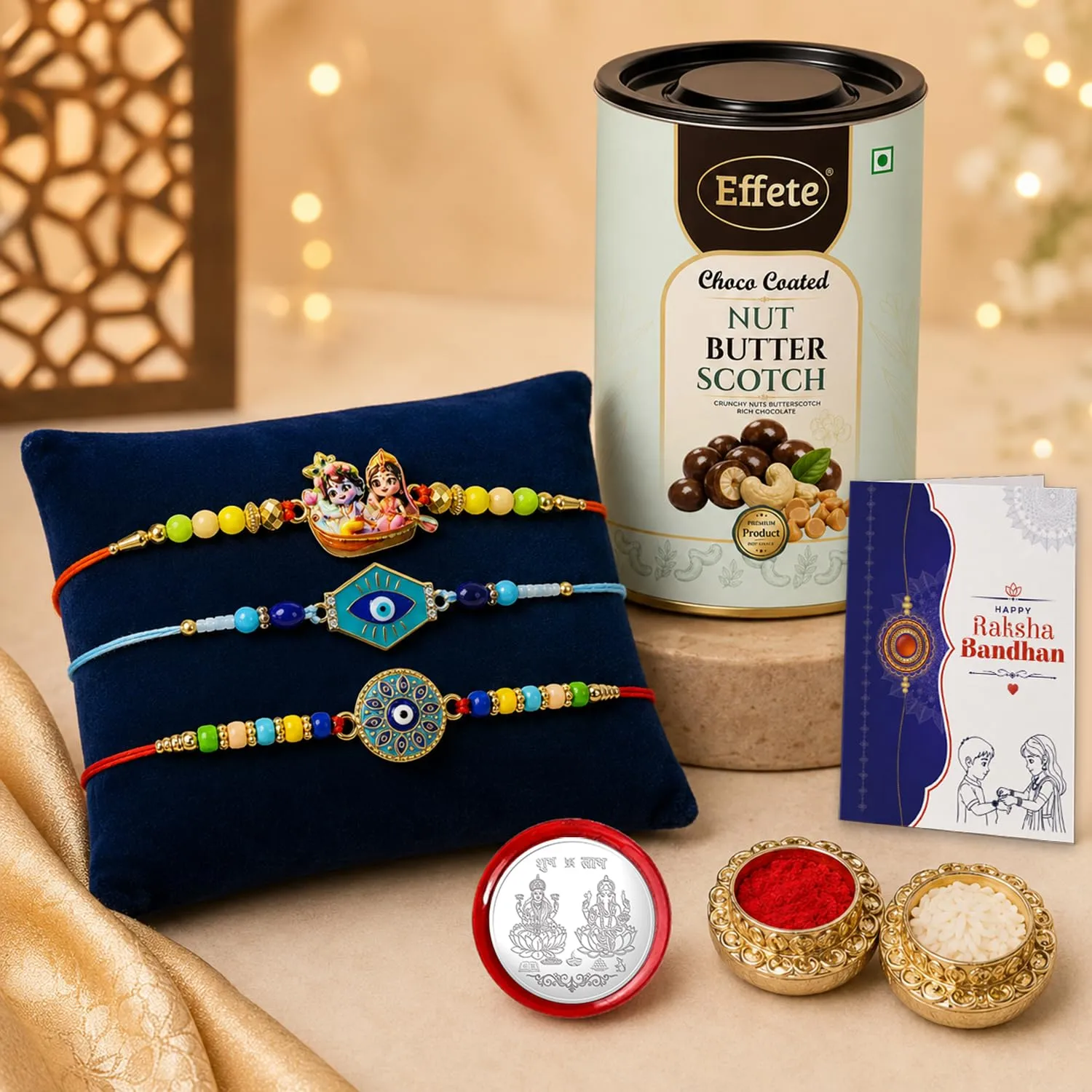 Premium Radhe Krishna Rakhi Combo with Choco Butterscotch, Pack of 7 - Buy Online at Alikart