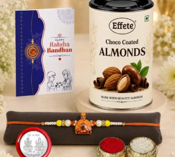 Raksha Bandhan Rakhi Combo – Swami Maharaj Rakhi with Choco Almonds Pack