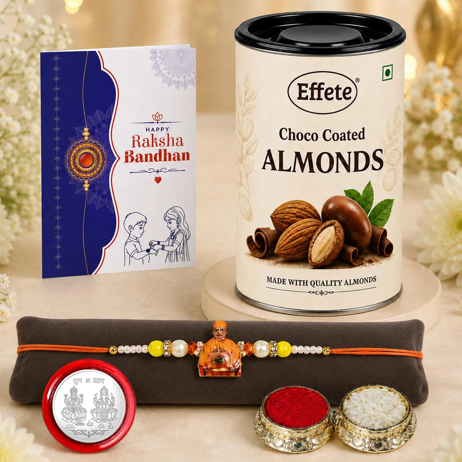 Premium Raksha Bandhan Rakhi Combo – Swami Maharaj Rakhi with Choco Almonds Pack - Buy Online at Alikart