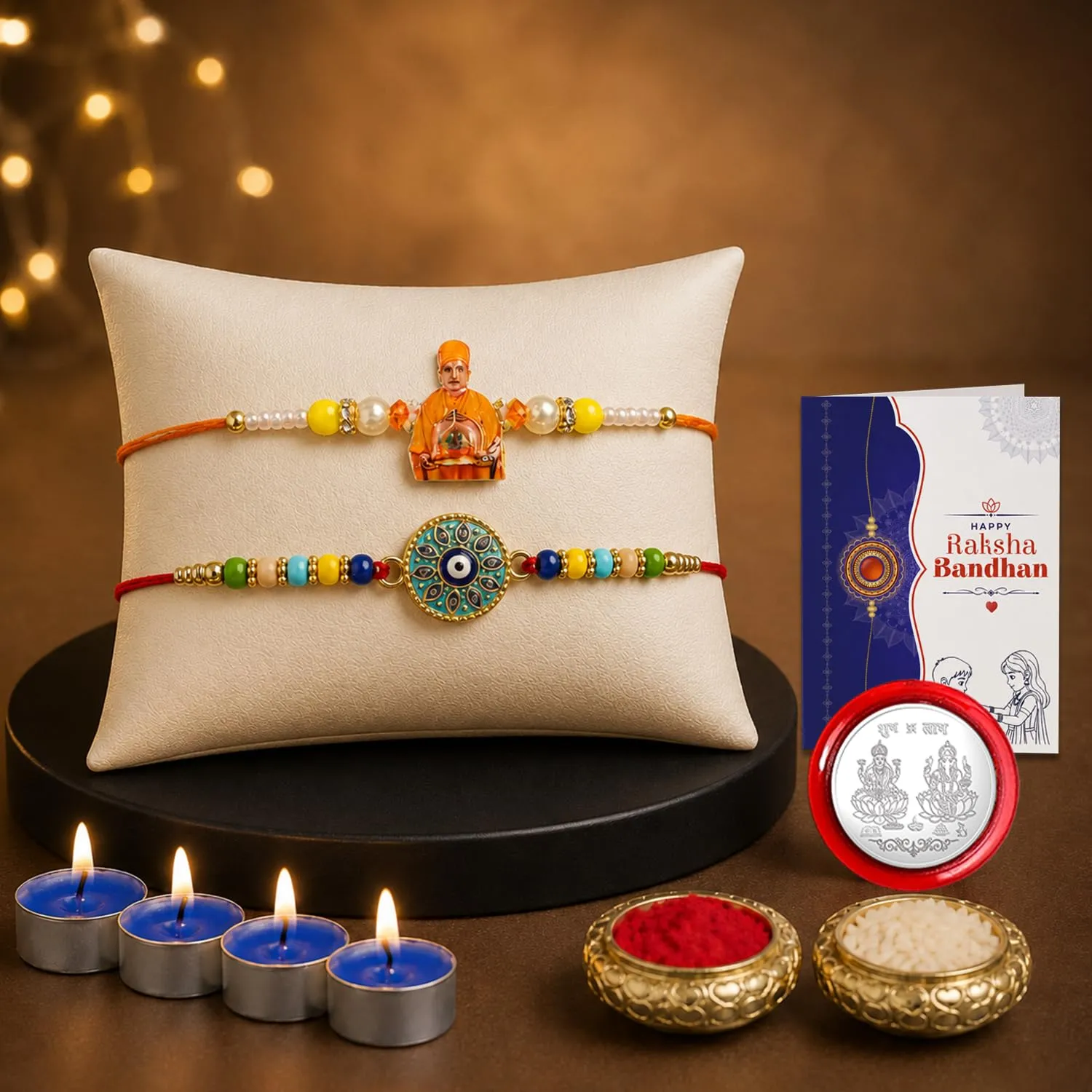 Premium Raksha Bandhan Gift Combo Swami Maharaj Rakhi with Tealight Candles - Buy Online at Alikart