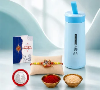 Radhe Krishna Rakhi Combo – Festive Gift Set with Kids Water Bottle 400ml